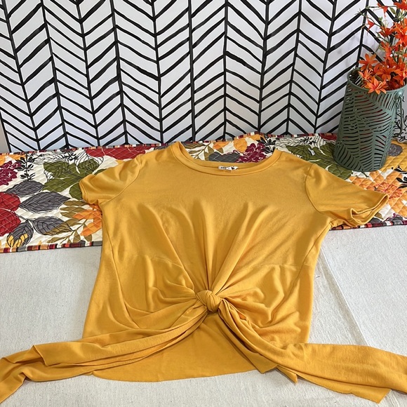 Glam Sunny Sunflower Yellow Tie Front Short Sleeve Top, Size Medium - Picture 10 of 12